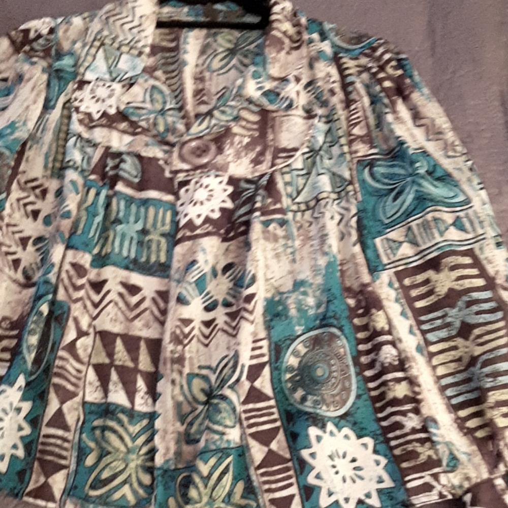 Sheer turquoise,brown and white chiffon jacket with one large button